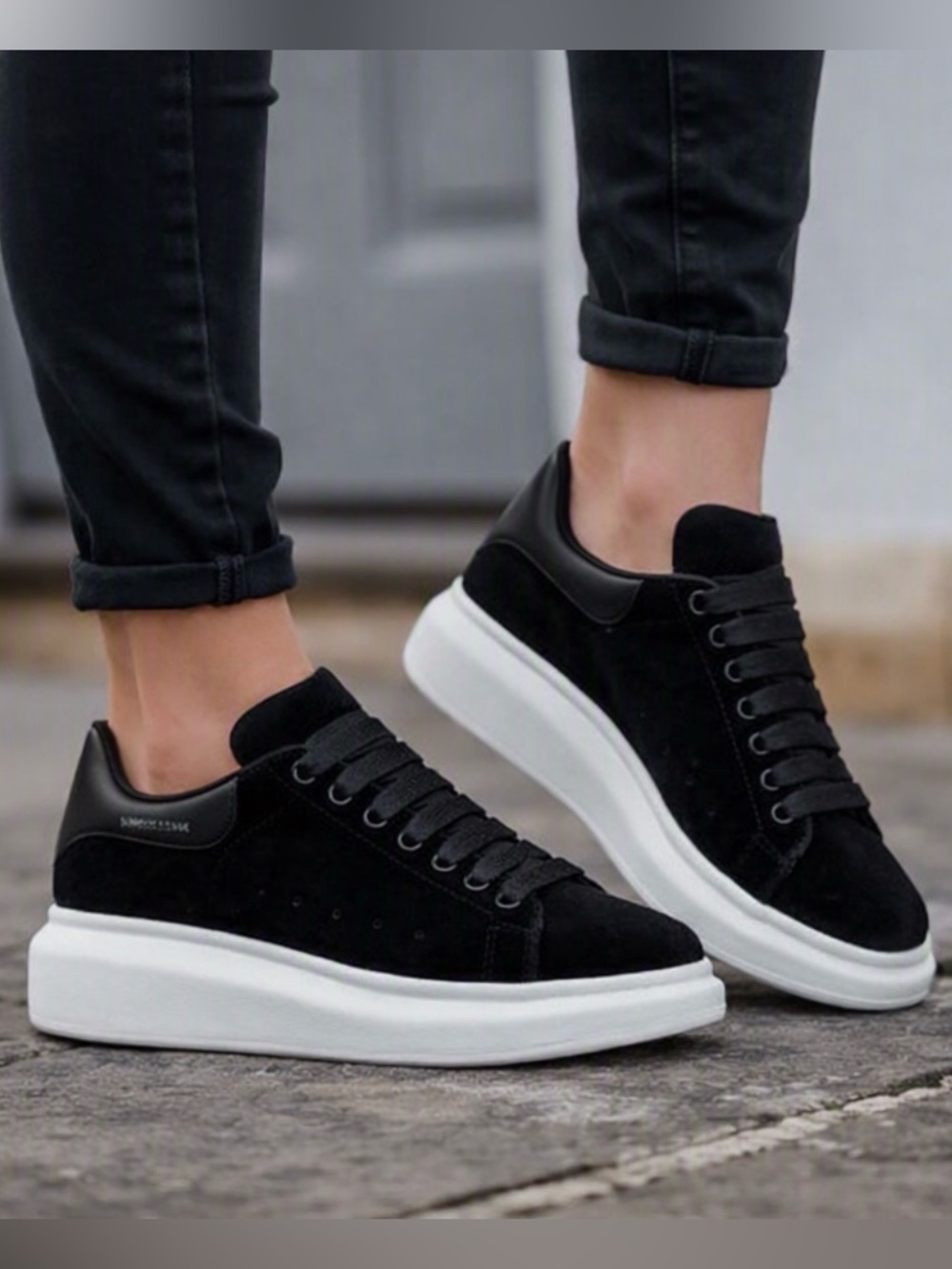 Alexander McQueen Oversized Sneakers Black Velvet, Leather Heel Tab EU39 US 8.75